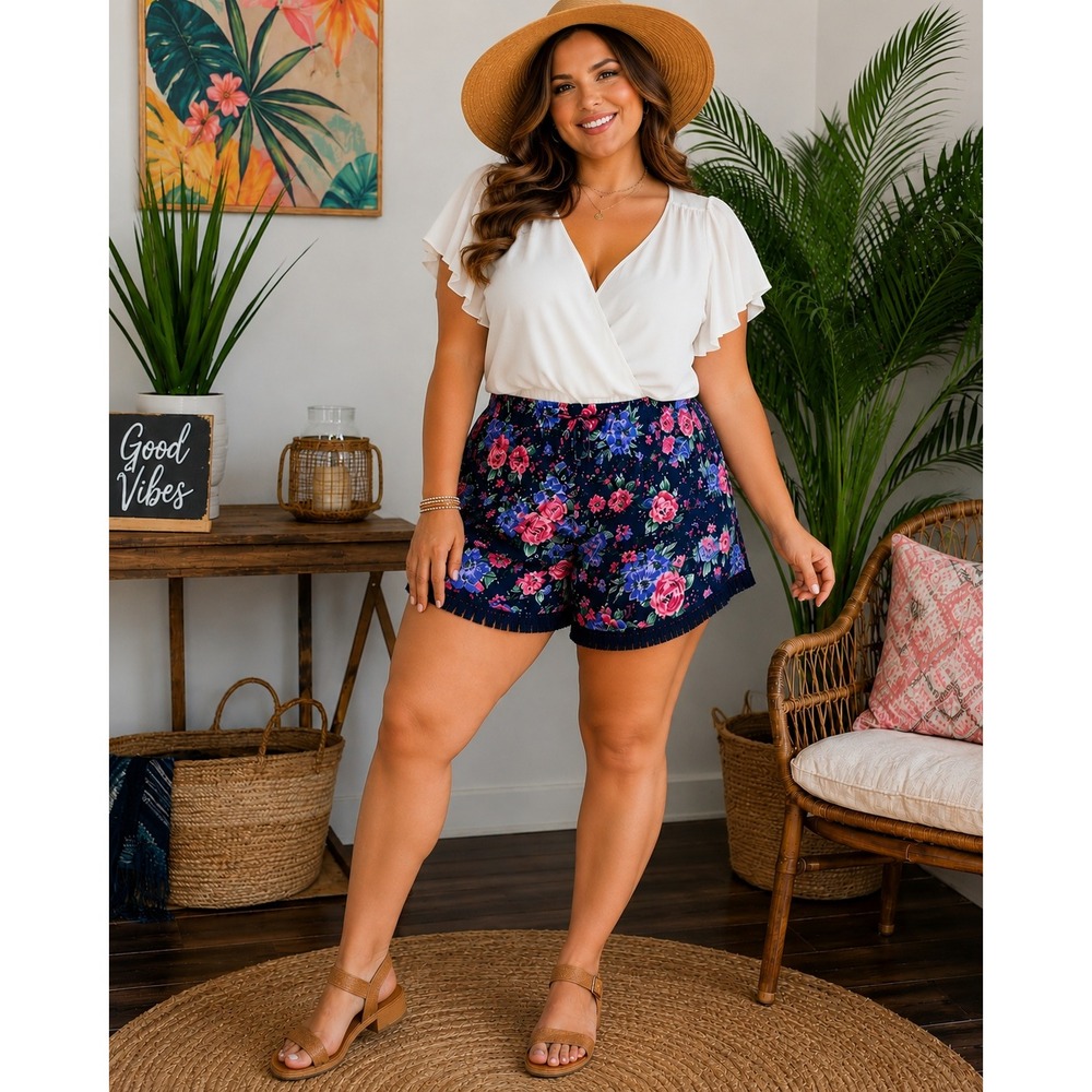 Hot Kiss Shorts Womens 2X Navy Blue Floral Print Fringe Trim Boho Rayon Cute